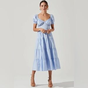 ASTR the Label Sweetheart Neck Tiered Ruffle Cotton Dress in Blue